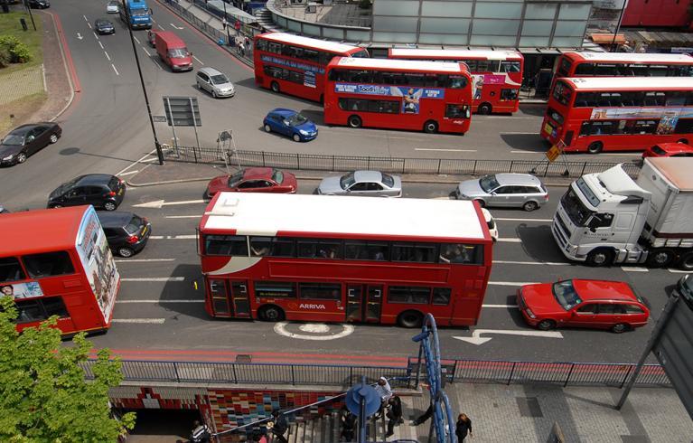 Aerial view of buses at Elephant and Castle