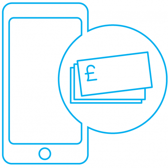 Infographic of a phone and money in blue