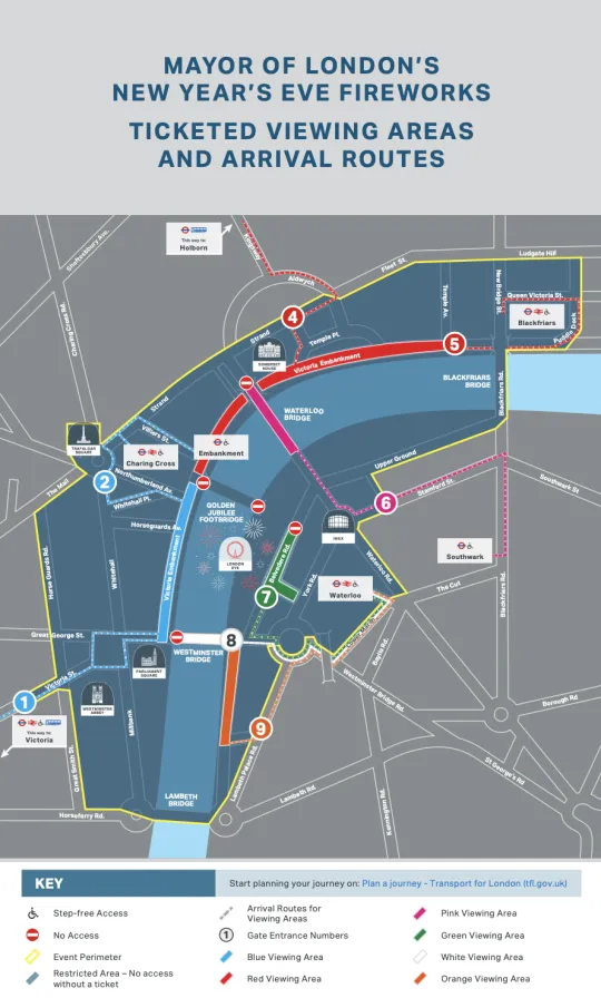 A map of central London showing the event perimeter and the different viewing areas, plus arrival routes and step-free areas