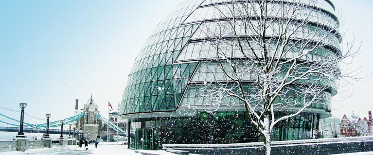 City hall in the snow