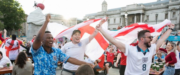 Fans cheering during England vs Ukraine football match at Trafalgar Square