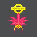 Drawing of Notting Hill station underground sign and carnival headpiece