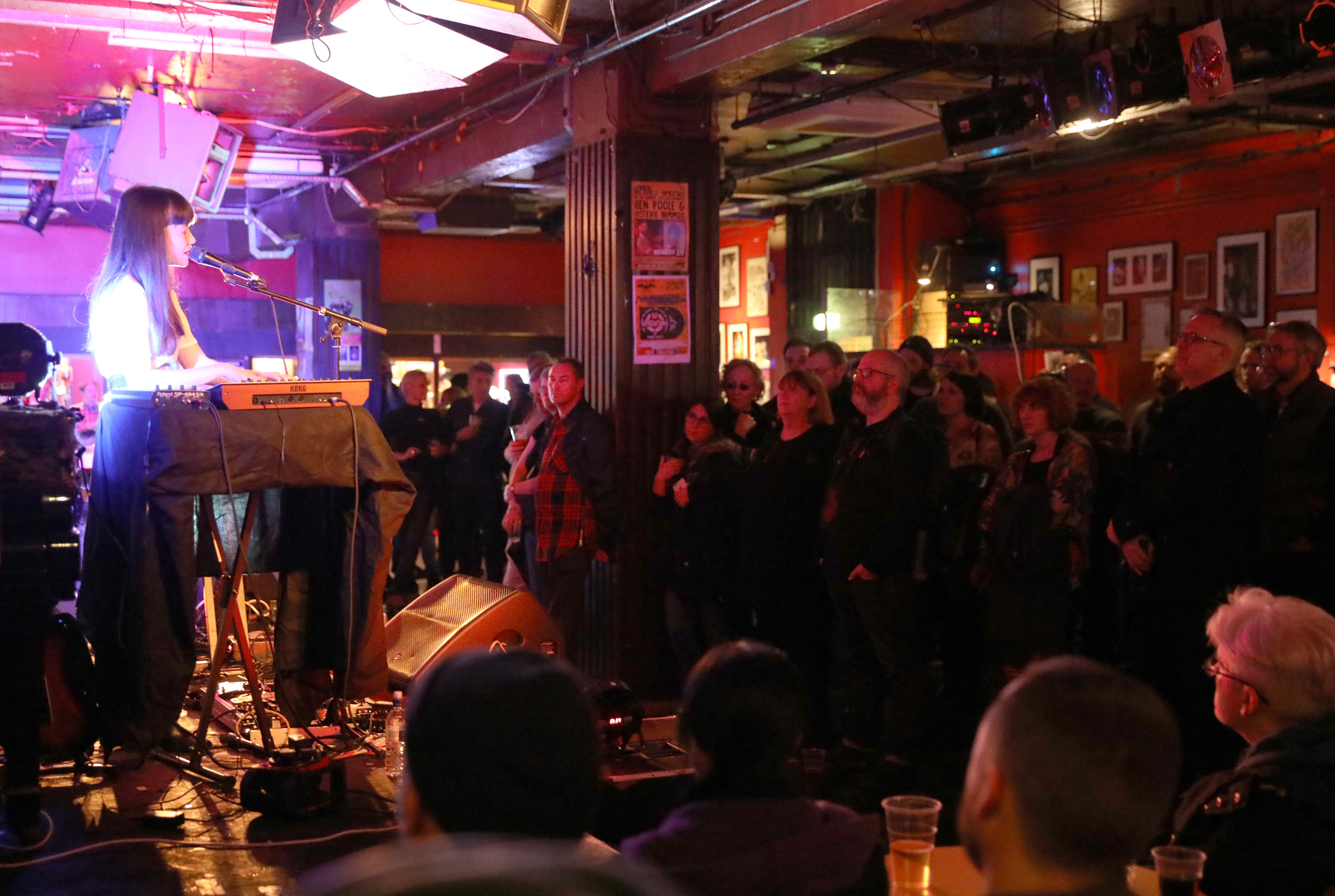 Audience watching live performance of a woman singing and mixing music