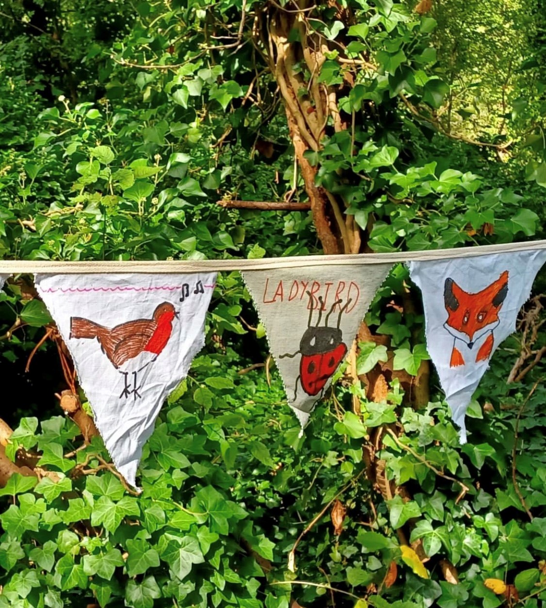 Children's drawings of a robin, ladybird and fox on bunting strung in a woodland.