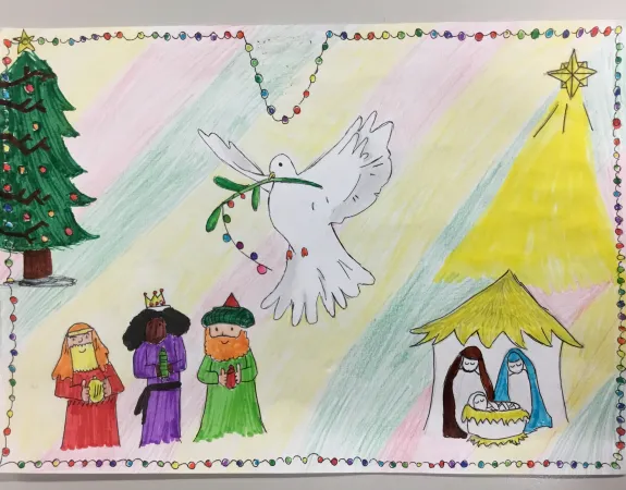 A colourful drawing of a Christmas tree, the 3 Magi, a white dove and Joseph, Mary and the baby Jesus under a yellow star