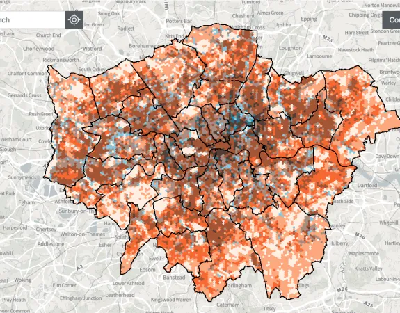 Map of London made up of colourful pixel dots of orange, brown and blue