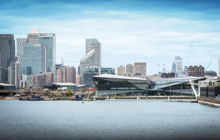 Skyline view of City Hall headquarters at Crystal Building, London Borough of Newham