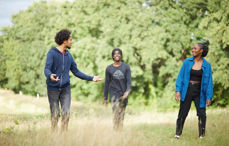 Three young people walking in a park