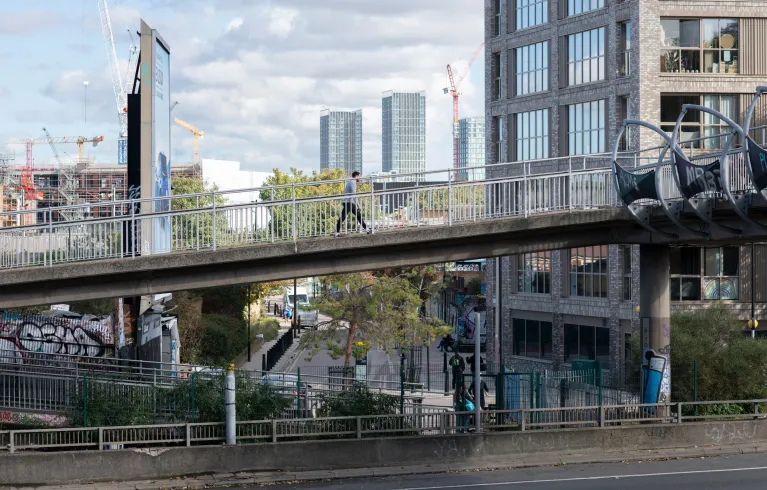 Image of streets of London and skyscrapers in the background