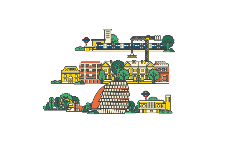 A drawing of London city with buildings and trees.