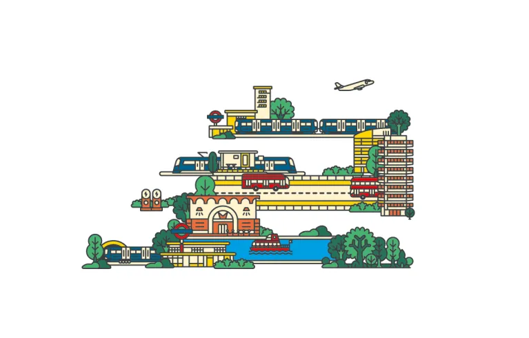 A drawing of London city with buildings and trees.
