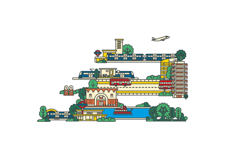 A drawing of London city with buildings and trees.
