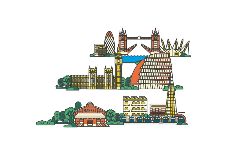 A drawing of London city with buildings and trees.