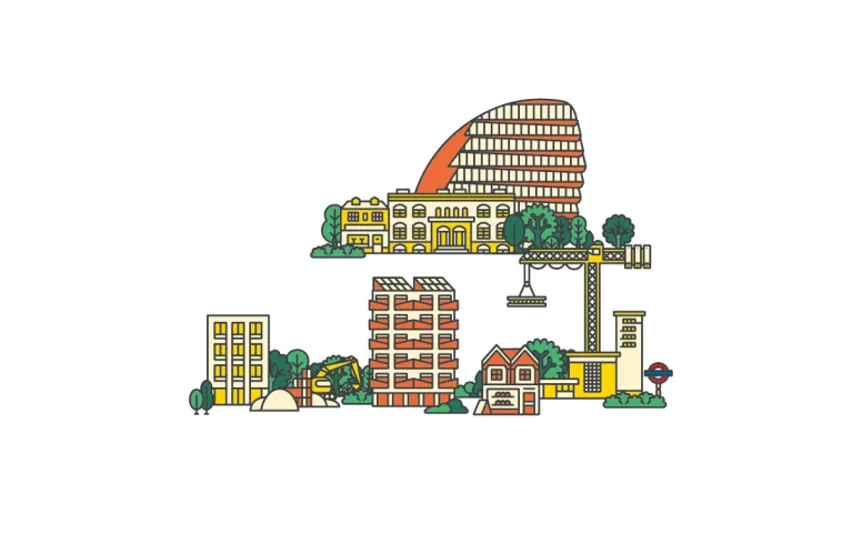 A drawing of London city with buildings and trees.