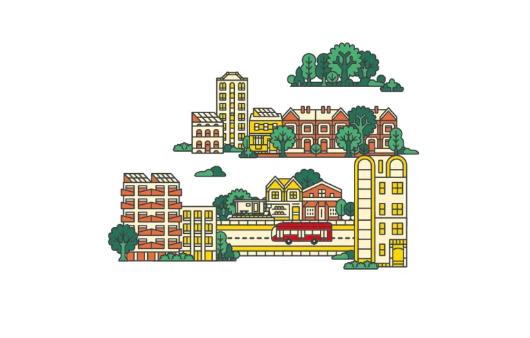 A drawing of London city with buildings and trees.