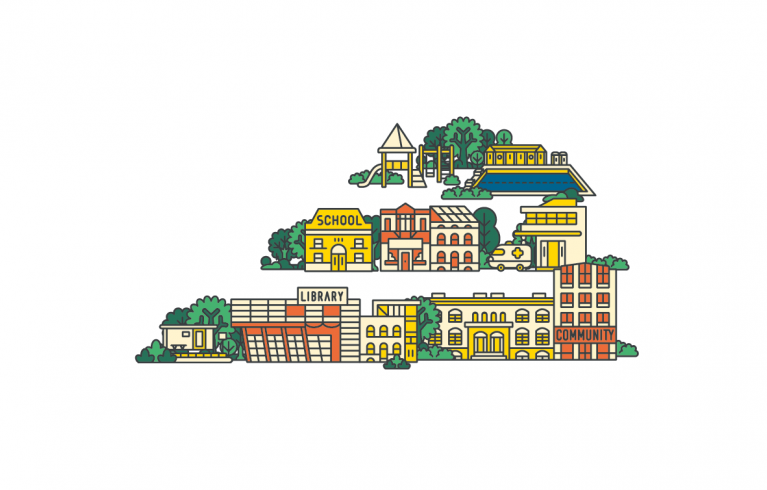 A drawing of London city with buildings and trees.
