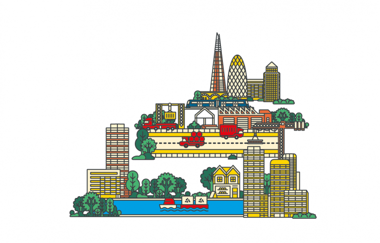 A drawing of London city with buildings and trees.