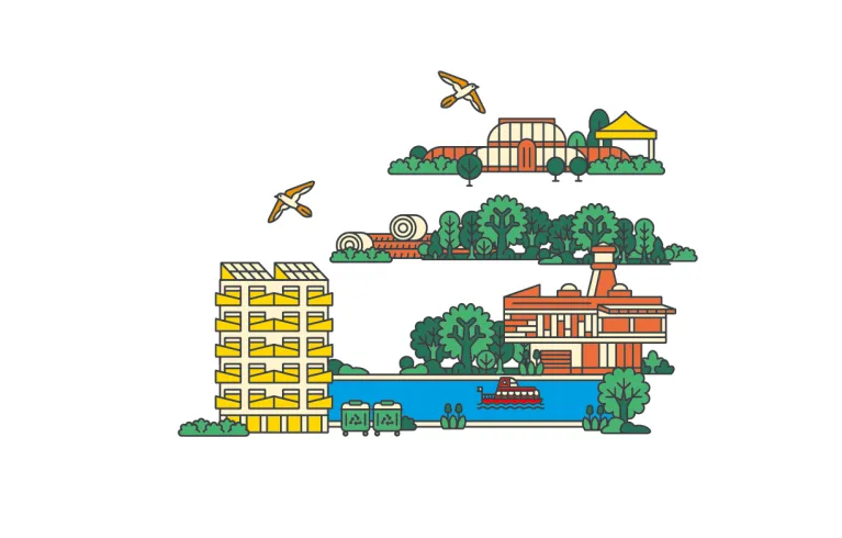 A drawing of London city with buildings and trees.