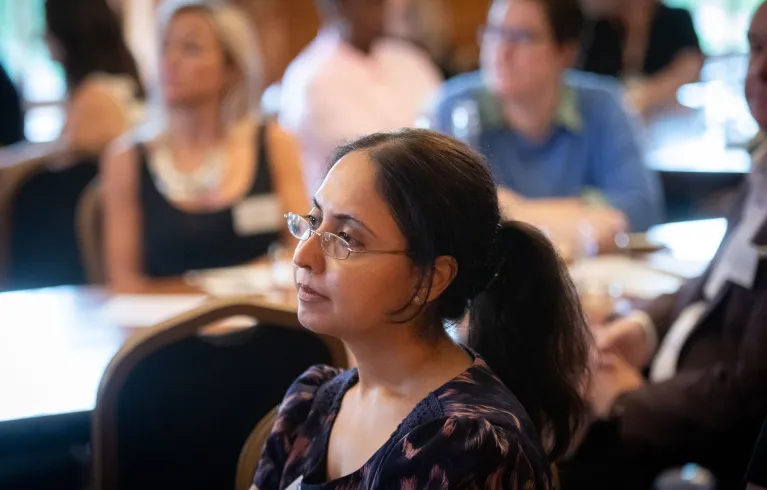 Photo showing a woman listening to a talk at a health summit