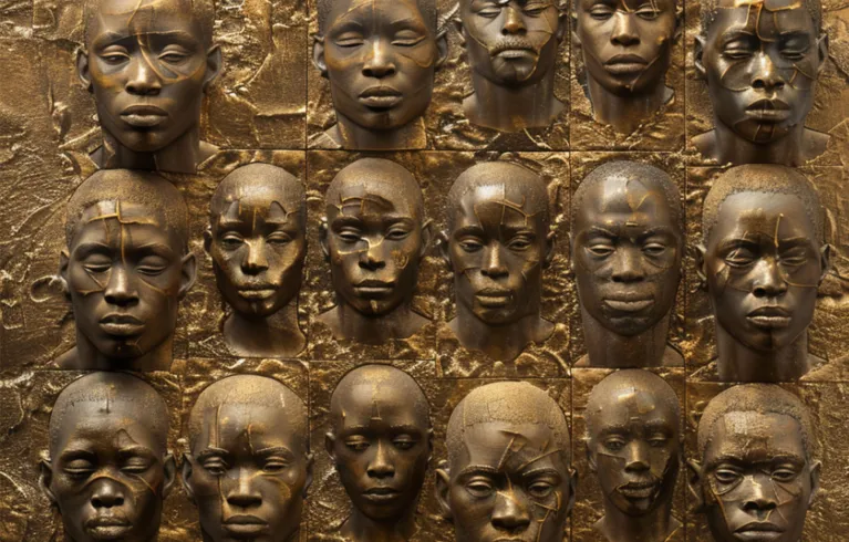 A picture of slave faces on a wall within The Wake, a bronze-coloured art piece by Khaleb Brooks. It shows bronze rods hanging from the ceiling, with a crowd gathered below