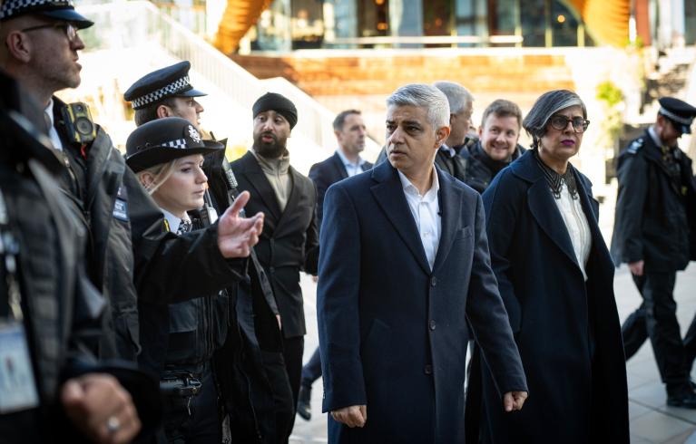 The Mayor with Met Police officers on patrol in Stratford