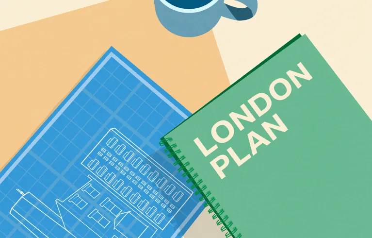 Illustrated overhead view of a table with a copy of the London plan, a building blueprint and coffee mug on top