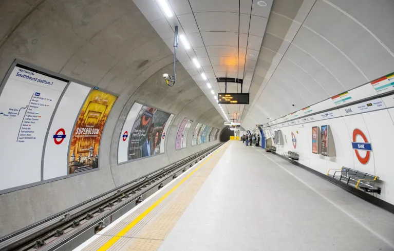 A long view of an empty platform at Bank underground station