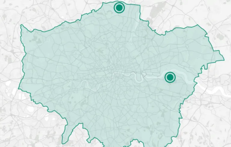 Map of London with blue dots