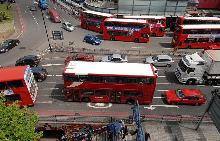 Aerial view of buses at Elephant and Castle