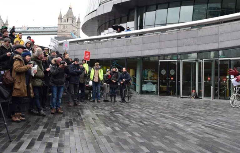 Sian giving a speech at City Hall