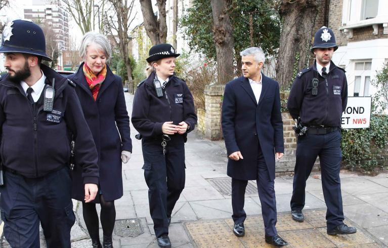 Sadiq Khan, Mayor of London speaks with police officers and Deputy Mayor for Policing and Crime, Sophie Linden