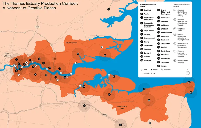 The Thames Estuary Production Corridor: A Network of Creative Places map with numbered key of cultural production areas