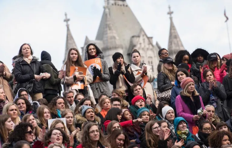 A large group of Women on a march for Women's rights.