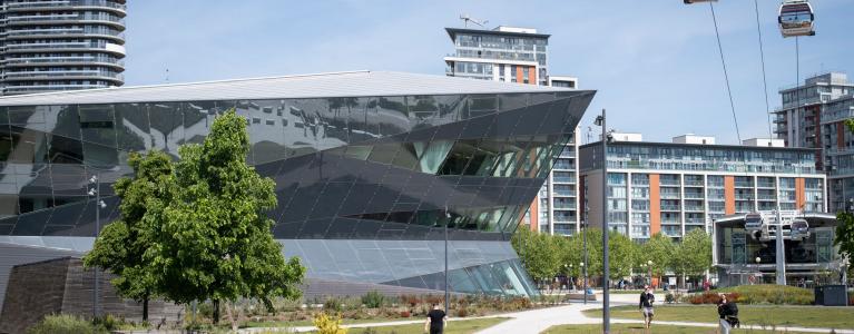 Outside view of City Hall in Royal Docks on a sunny, summer day
