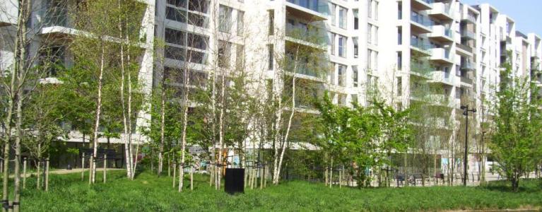 Accessible housing building with trees at the front