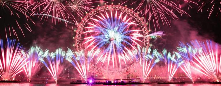 New Year's Eve fireworks display in front of the London Eye.