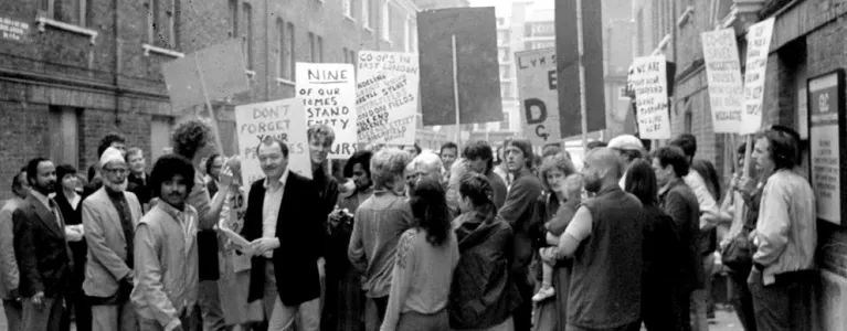 Bangladeshi Squatters in black and white image of people protesting on the street