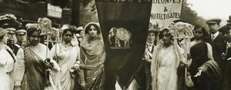 Indian suffragists on the Women's Coronation Procession of 1911, including Lolita Roy on the left.