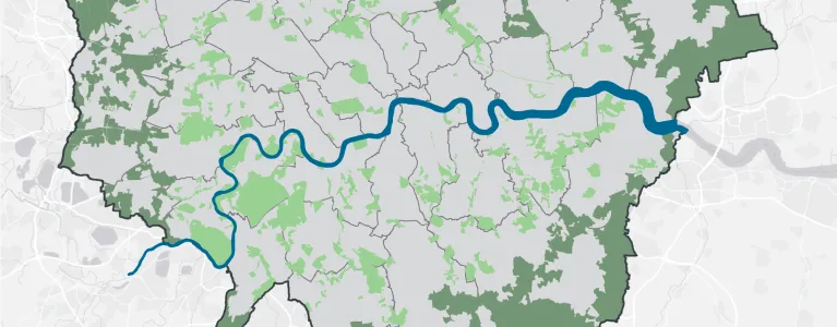 A map showing London's Green Belt on the outskirts of London, with a considerable area in South East London in the London Borough of Bromley. The map also shows London's Metropolitan Open Land , which is located across London, with large areas in West and South West London.