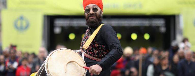 Dhol drummer at Vaisakhi on Trafalgar Square 2023