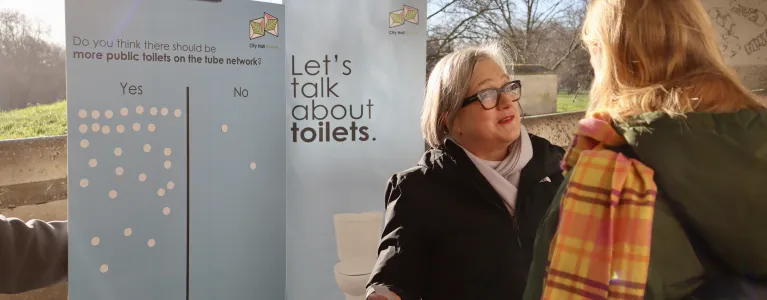 Caroline Russell campaigning for more toilets on the TfL tube