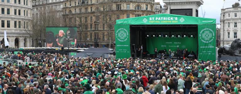 Crowd in front of a stage at Trafalgar Square