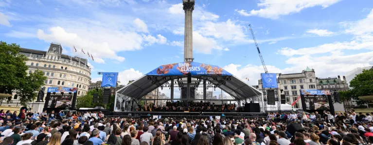 Audience and large stage on Trafalgar Square