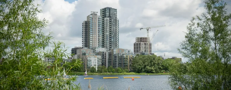 High-rise buildings are in the background of this image. They are on the banks of a reservoir which stretches towards the foreground of the picture. The picture has been taken from the opposite bank to the buildings, with two small, bushy trees to either side framing the buildings and water.