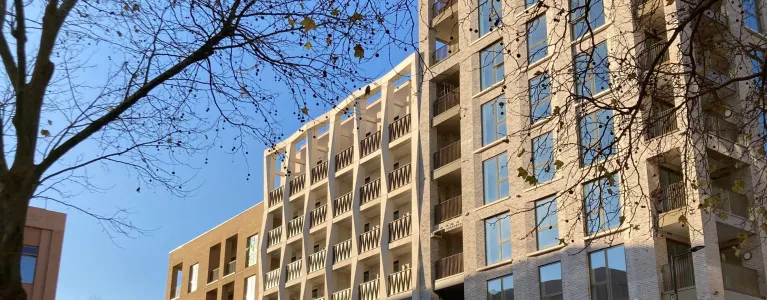 Mid-rise building of flats with blue sky in background and trees in foreground