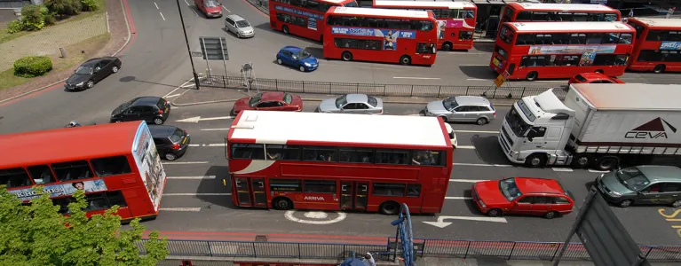 Aerial view of buses at Elephant and Castle