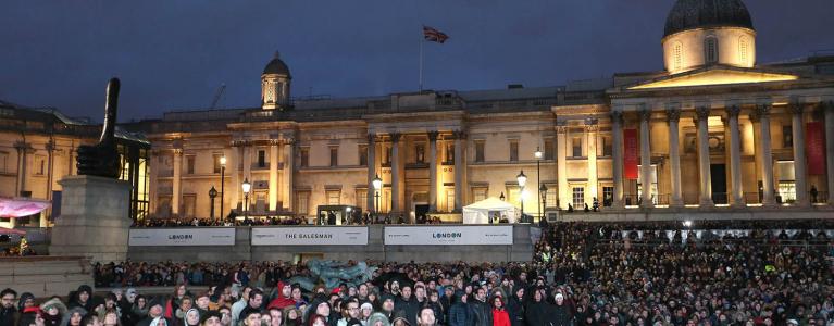 Massive crowd of Londoners watching film screening of The Salesman in Trafalgar Square