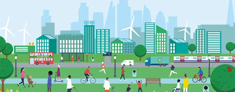 A cityscape scene, which includes children playing, green roofs, solar panels and wind turbines. People are using green forms of transport including cycles and electric buses.