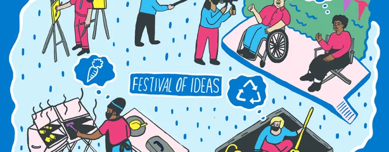 Drawing of events taking place, cooking, gardening, performance and painting with people of all ages, races and ability.