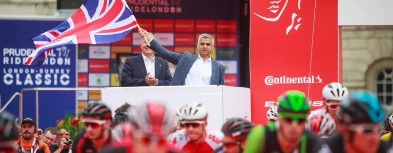 Sadiq Khan waves the flag at the annual Ride London event